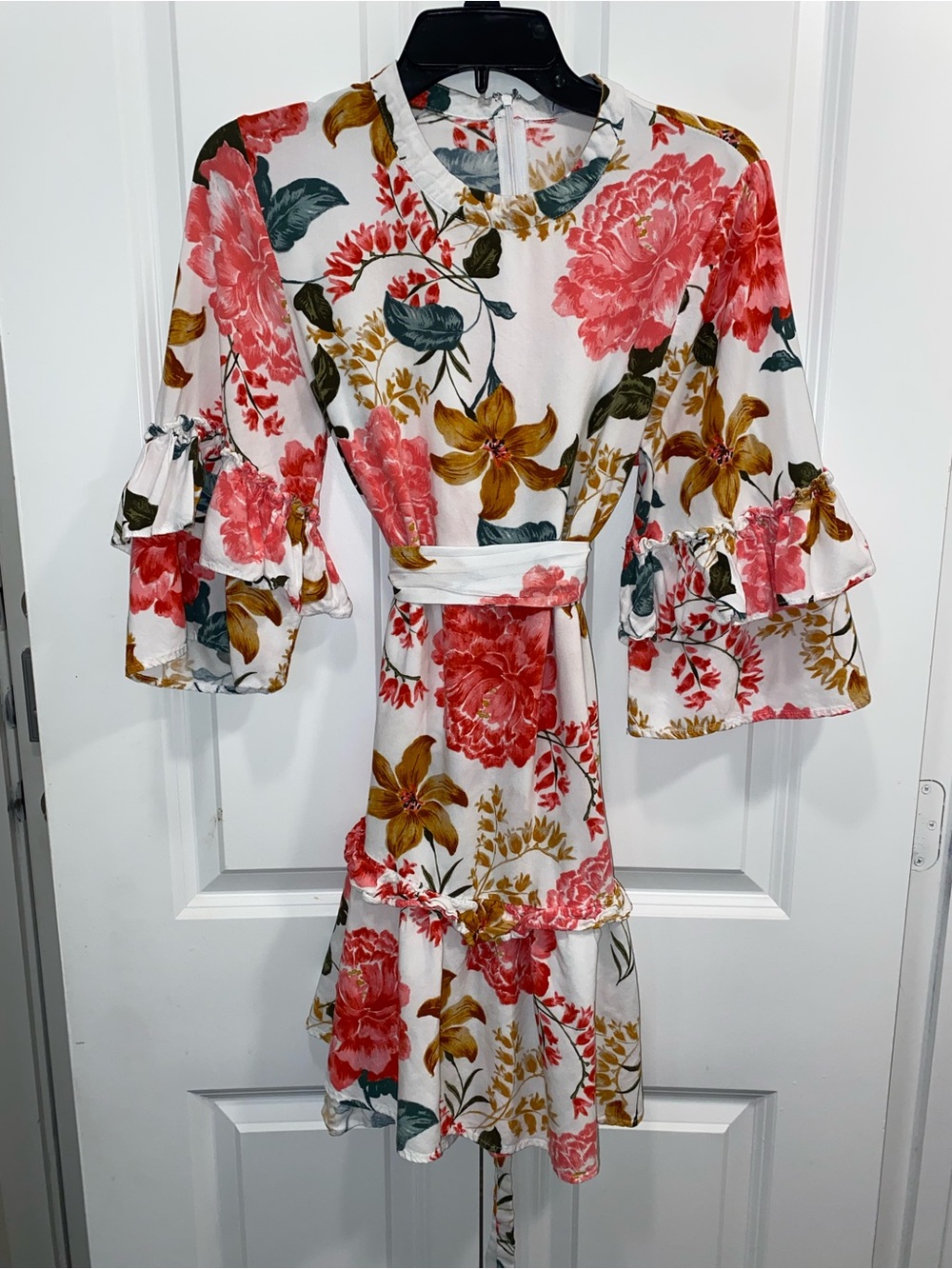 Petal & Pup White Midi Dress with Coral Pink and Mustard Floral Print